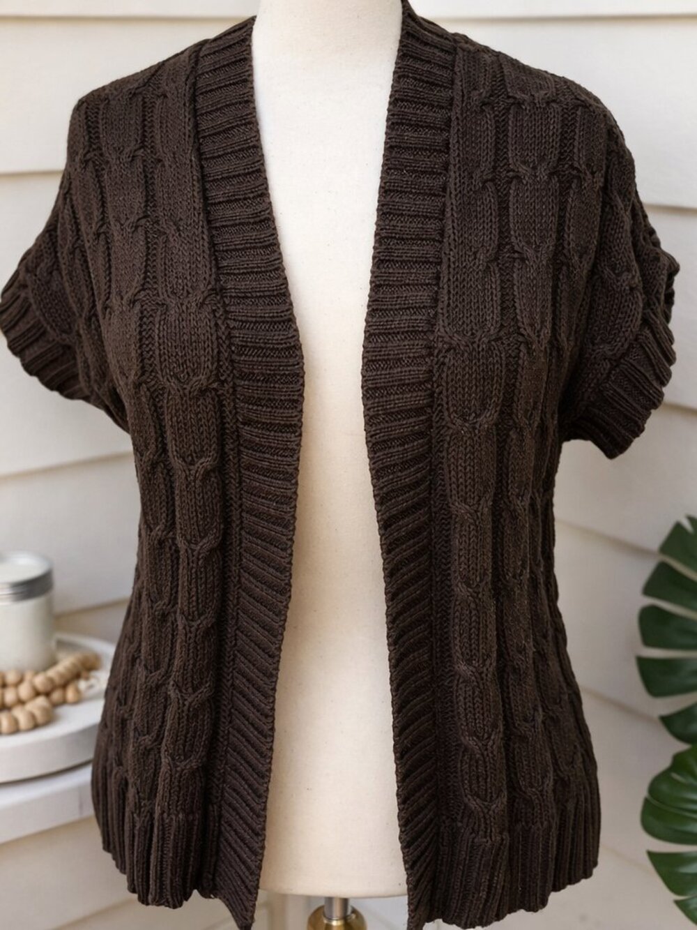 Banana Republic Cable Knit Cardigan Brown Olive Open Front Vest Boho Minimalist